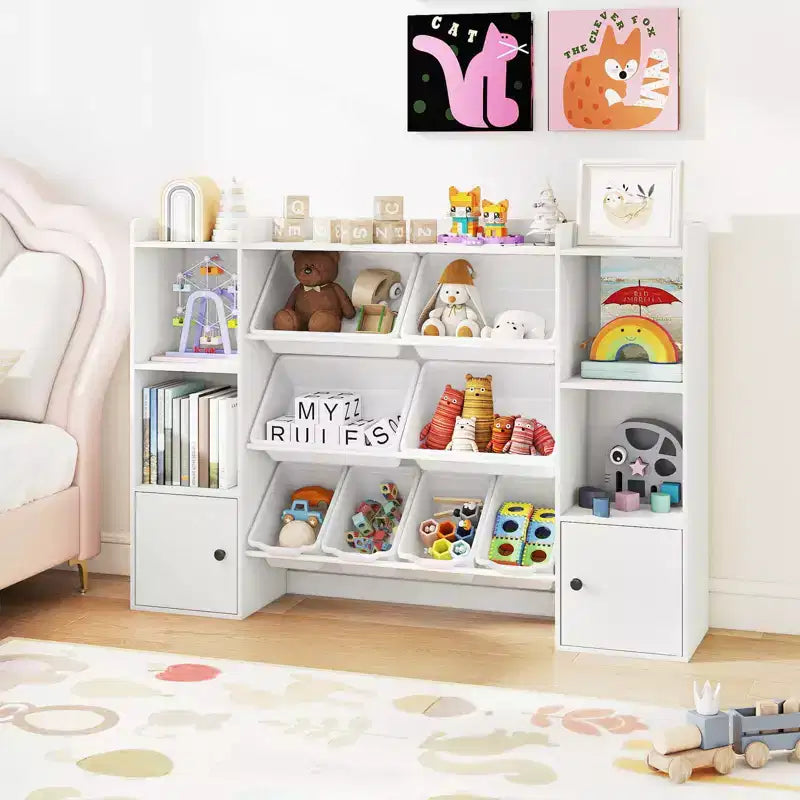 Costway Kids Toy Storage and Bookshelf with 8 Boxes Open Shelves & 2 Single-door Cabinets White/Gray/Beige/Pink