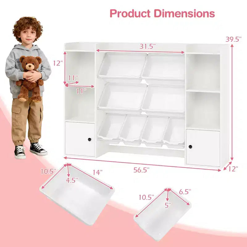 Costway Kids Toy Storage and Bookshelf with 8 Boxes Open Shelves & 2 Single-door Cabinets White/Gray/Beige/Pink