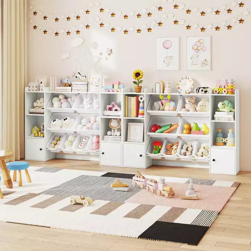 Costway Kids Toy Storage and Bookshelf with 8 Boxes Open Shelves & 2 Single-door Cabinets White/Gray/Beige/Pink