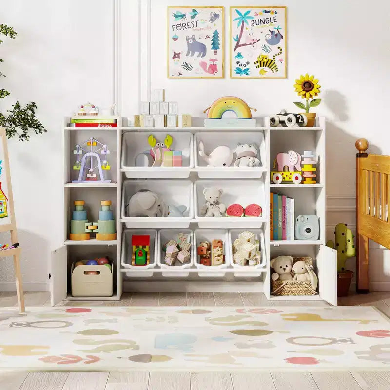 Costway Kids Toy Storage and Bookshelf with 8 Boxes Open Shelves & 2 Single-door Cabinets White/Gray/Beige/Pink