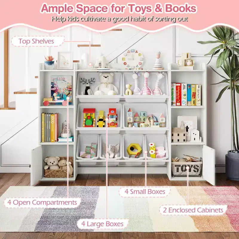 Costway Kids Toy Storage and Bookshelf with 8 Boxes Open Shelves & 2 Single-door Cabinets White/Gray/Beige/Pink