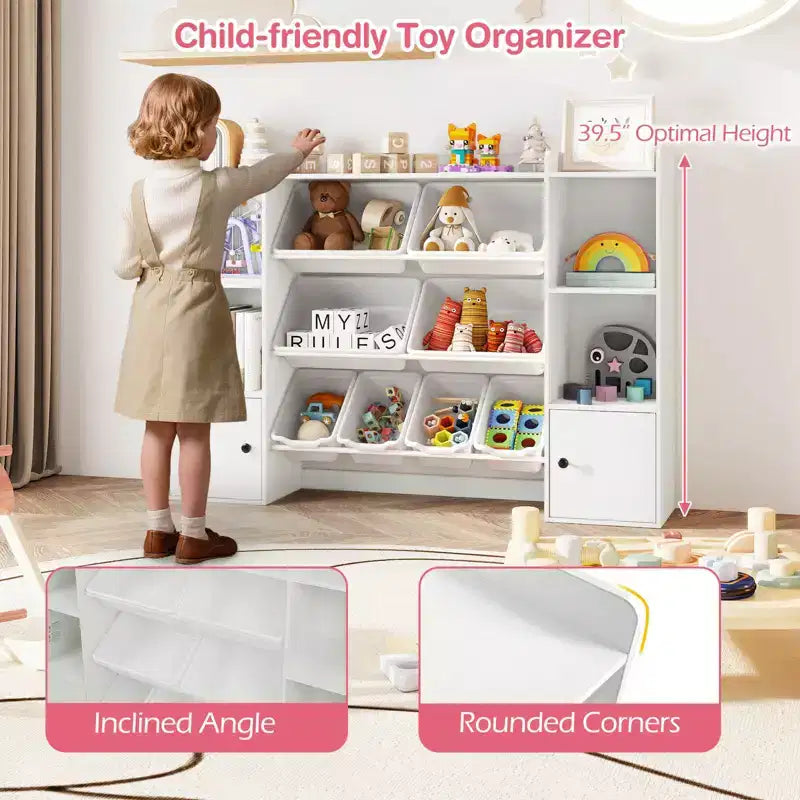 Costway Kids Toy Storage and Bookshelf with 8 Boxes Open Shelves & 2 Single-door Cabinets White/Gray/Beige/Pink