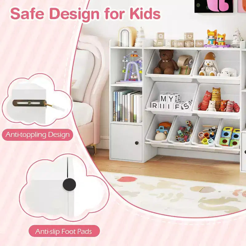 Costway Kids Toy Storage and Bookshelf with 8 Boxes Open Shelves & 2 Single-door Cabinets White/Gray/Beige/Pink