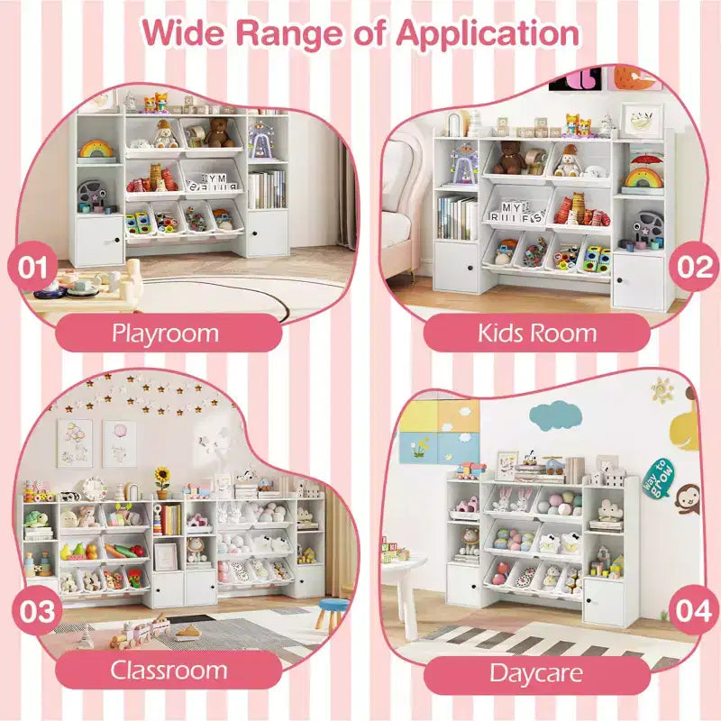 Costway Kids Toy Storage and Bookshelf with 8 Boxes Open Shelves & 2 Single-door Cabinets White/Gray/Beige/Pink