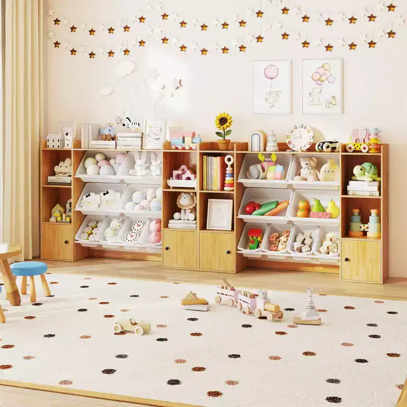 Costway Kids Toy Storage and Bookshelf with 8 Boxes Open Shelves & 2 Single-door Cabinets White/Gray/Beige/Pink