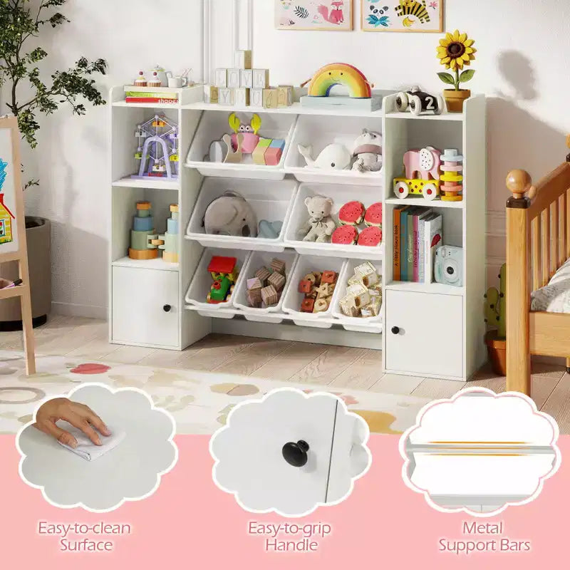 Costway Kids Toy Storage and Bookshelf with 8 Boxes Open Shelves & 2 Single-door Cabinets White/Gray/Beige/Pink