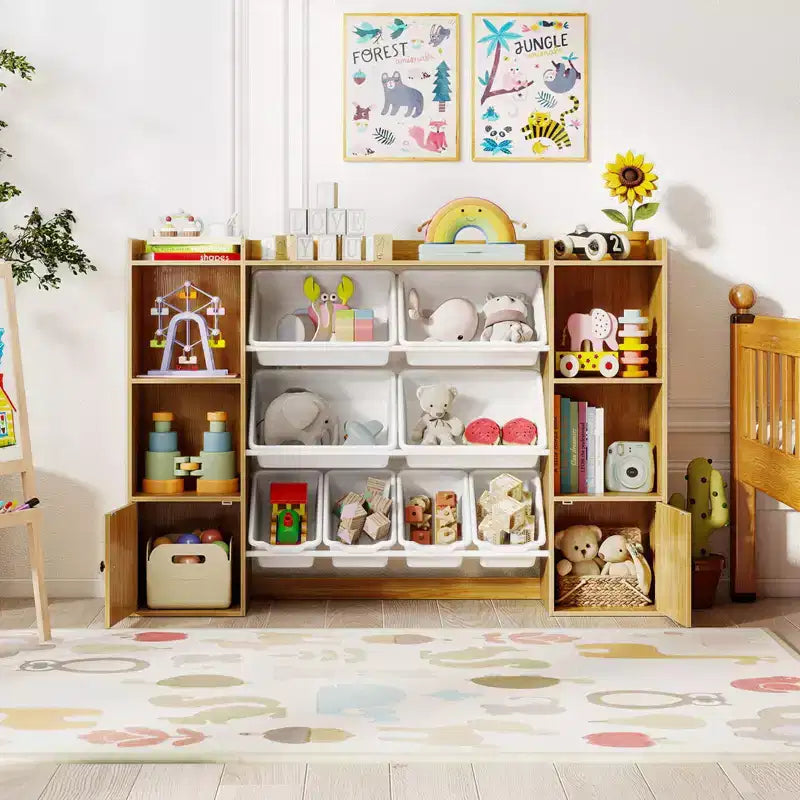 Costway Kids Toy Storage and Bookshelf with 8 Boxes Open Shelves & 2 Single-door Cabinets White/Gray/Beige/Pink