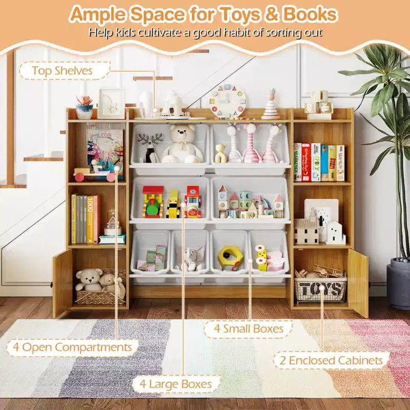 Costway Kids Toy Storage and Bookshelf with 8 Boxes Open Shelves & 2 Single-door Cabinets White/Gray/Beige/Pink