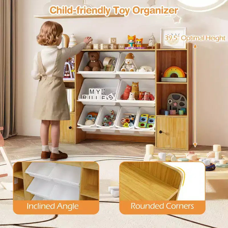 Costway Kids Toy Storage and Bookshelf with 8 Boxes Open Shelves & 2 Single-door Cabinets White/Gray/Beige/Pink
