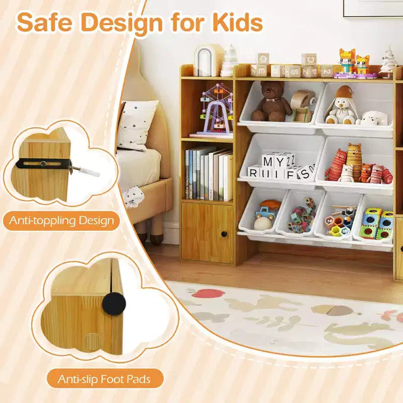 Costway Kids Toy Storage and Bookshelf with 8 Boxes Open Shelves & 2 Single-door Cabinets White/Gray/Beige/Pink