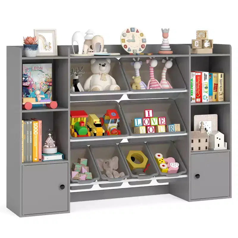 Costway Kids Toy Storage and Bookshelf with 8 Boxes Open Shelves & 2 Single-door Cabinets White/Gray/Beige/Pink