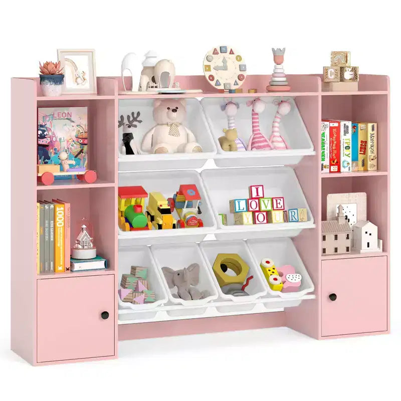 Costway Kids Toy Storage and Bookshelf with 8 Boxes Open Shelves & 2 Single-door Cabinets White/Gray/Beige/Pink
