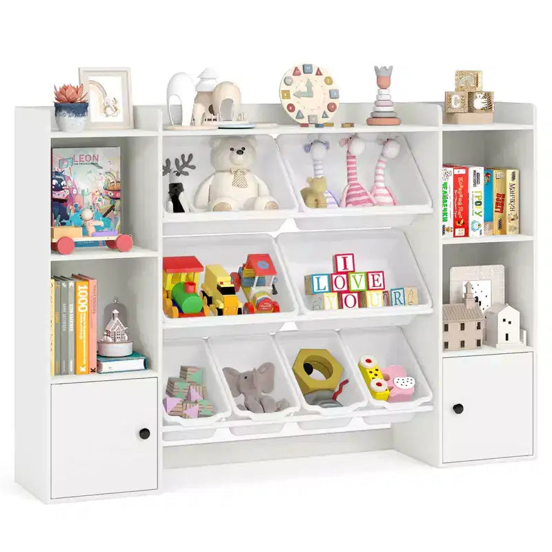 Costway Kids Toy Storage and Bookshelf with 8 Boxes Open Shelves & 2 Single-door Cabinets White/Gray/Beige/Pink