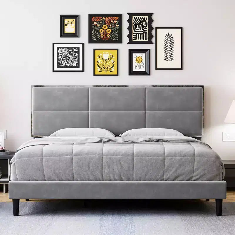 King Size Platform Bed Frame, Upholstered Bed Frame with Velvet Headboard, Wooden Slats Support, No Box Spring Required, Easy Assembly, Gray