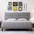 King Size Platform Bed Frame, Upholstered Bed Frame with Velvet Headboard, Wooden Slats Support, No Box Spring Required, Easy Assembly, Gray