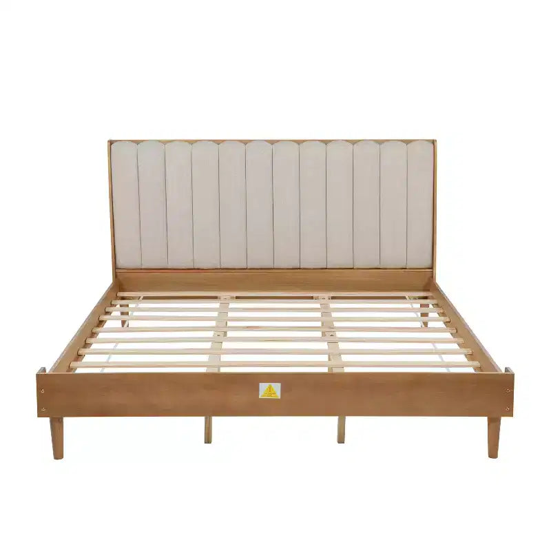 Sailvan Wood Bed with Piano Key Style Upholstered Headboard, Wood Bed with Strengthened Bed Frame
