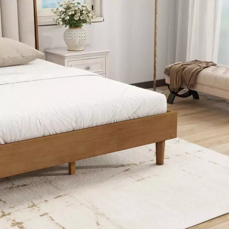 Sailvan Wood Bed with Piano Key Style Upholstered Headboard, Wood Bed with Strengthened Bed Frame