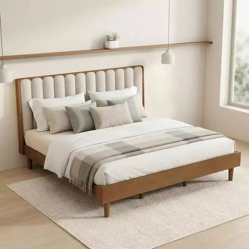 Sailvan Wood Bed with Piano Key Style Upholstered Headboard, Wood Bed with Strengthened Bed Frame