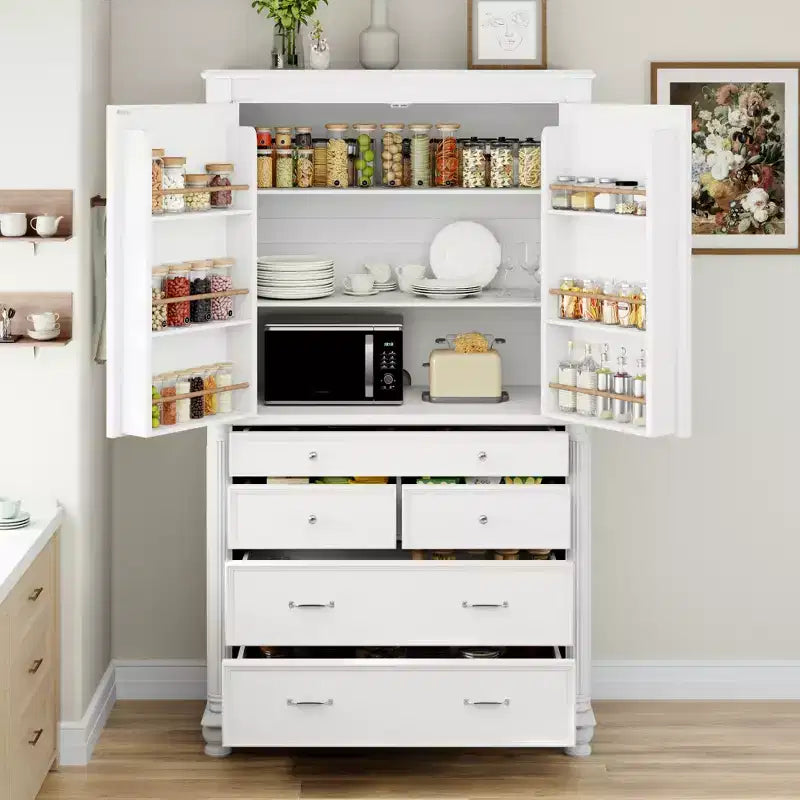 Farmhouse Kitchen Pantry Cabinet with Hutch, Tall Kitchen Storage Cabinet with 6 Door Shelves and Drawers, Freestanding Cupboard with Shelf