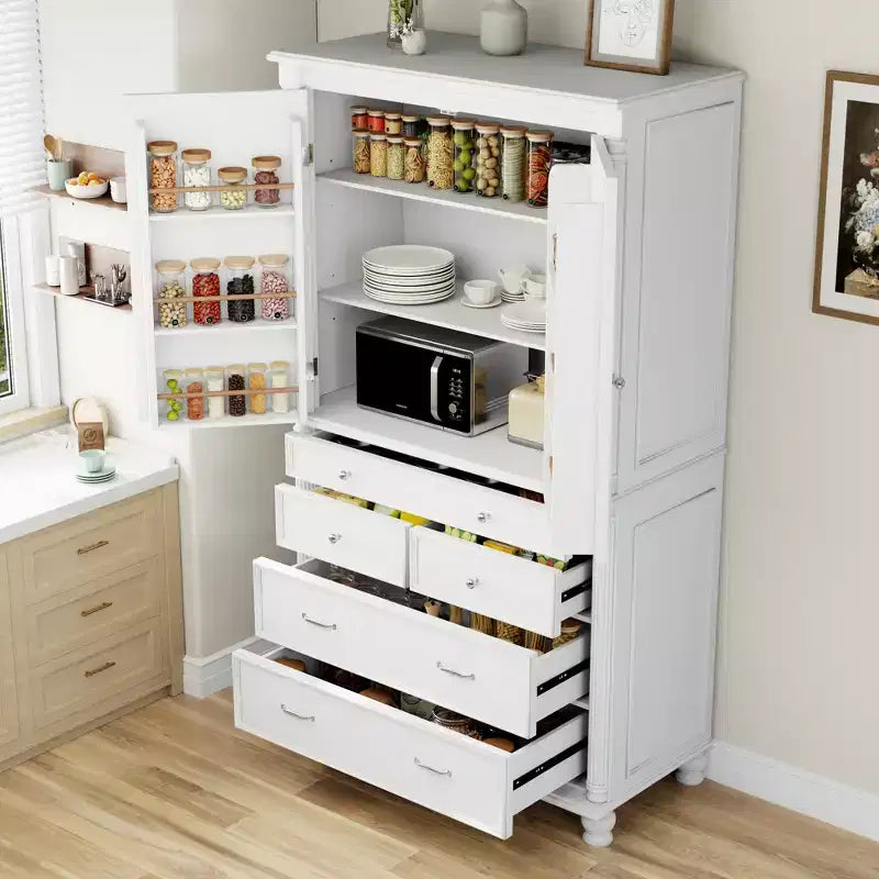 Farmhouse Kitchen Pantry Cabinet with Hutch, Tall Kitchen Storage Cabinet with 6 Door Shelves and Drawers, Freestanding Cupboard with Shelf