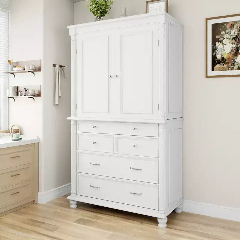 Farmhouse Kitchen Pantry Cabinet with Hutch, Tall Kitchen Storage Cabinet with 6 Door Shelves and Drawers, Freestanding Cupboard with Shelf