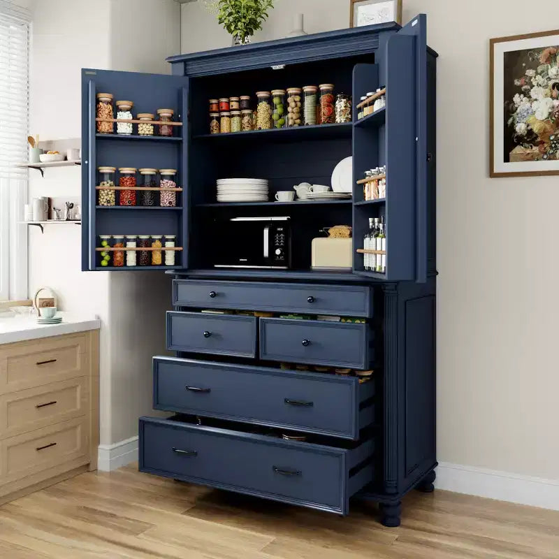 Farmhouse Kitchen Pantry Cabinet with Hutch, Tall Kitchen Storage Cabinet with 6 Door Shelves and Drawers, Freestanding Cupboard with Shelf