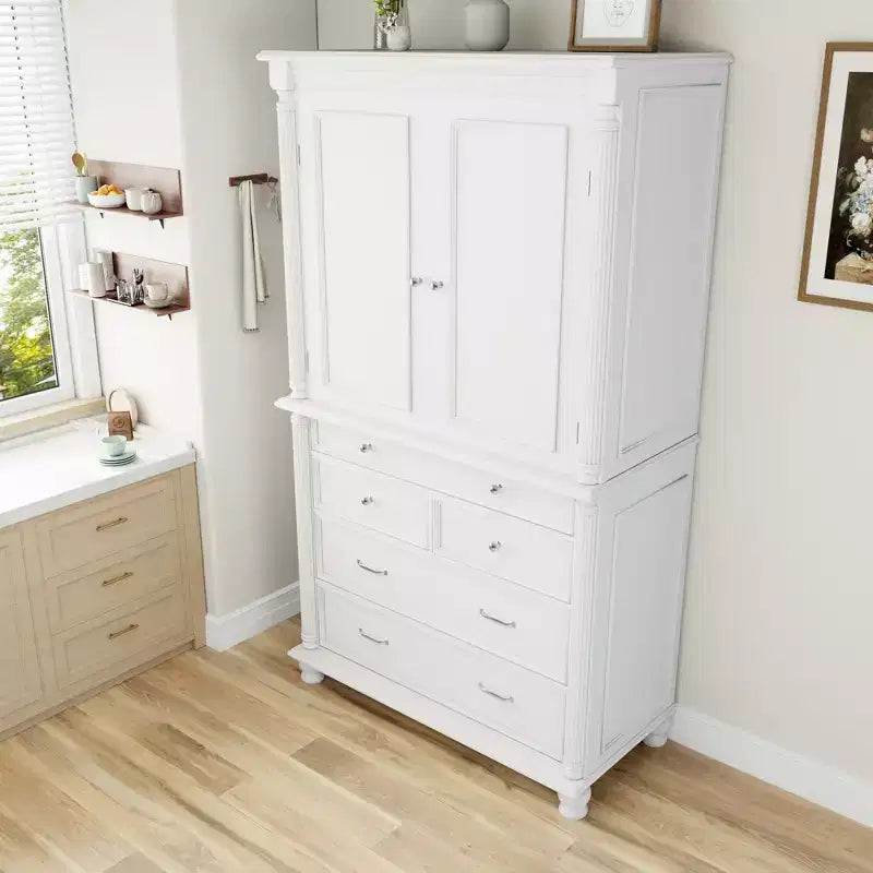 Farmhouse Kitchen Pantry Cabinet with Hutch, Tall Kitchen Storage Cabinet with 6 Door Shelves and Drawers, Freestanding Cupboard with Shelf