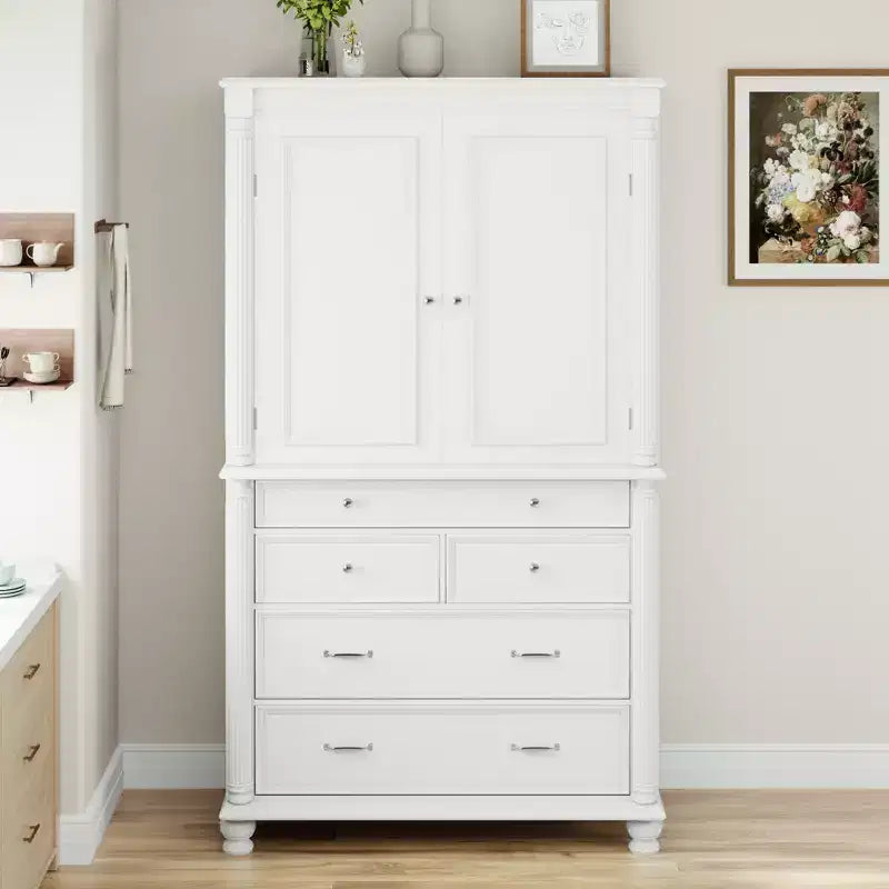 Farmhouse Kitchen Pantry Cabinet with Hutch, Tall Kitchen Storage Cabinet with 6 Door Shelves and Drawers, Freestanding Cupboard with Shelf