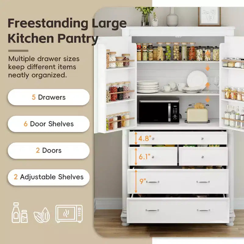 Farmhouse Kitchen Pantry Cabinet with Hutch, Tall Kitchen Storage Cabinet with 6 Door Shelves and Drawers, Freestanding Cupboard with Shelf