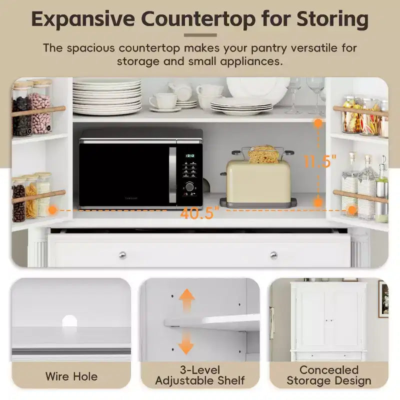 Farmhouse Kitchen Pantry Cabinet with Hutch, Tall Kitchen Storage Cabinet with 6 Door Shelves and Drawers, Freestanding Cupboard with Shelf