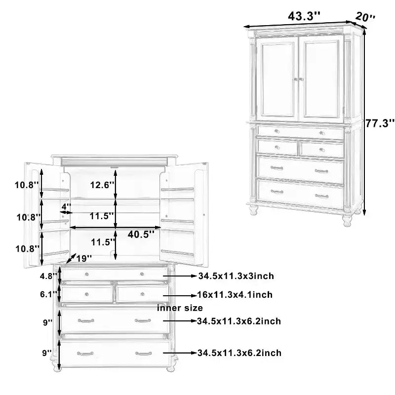 Farmhouse Kitchen Pantry Cabinet with Hutch, Tall Kitchen Storage Cabinet with 6 Door Shelves and Drawers, Freestanding Cupboard with Shelf