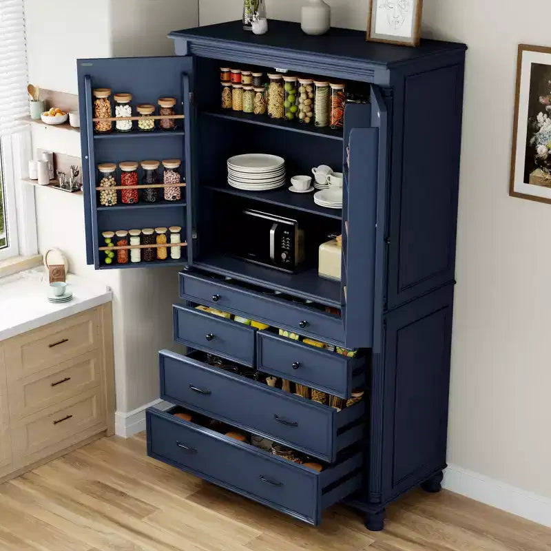 Farmhouse Kitchen Pantry Cabinet with Hutch, Tall Kitchen Storage Cabinet with 6 Door Shelves and Drawers, Freestanding Cupboard with Shelf