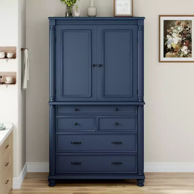 Farmhouse Kitchen Pantry Cabinet with Hutch, Tall Kitchen Storage Cabinet with 6 Door Shelves and Drawers, Freestanding Cupboard with Shelf