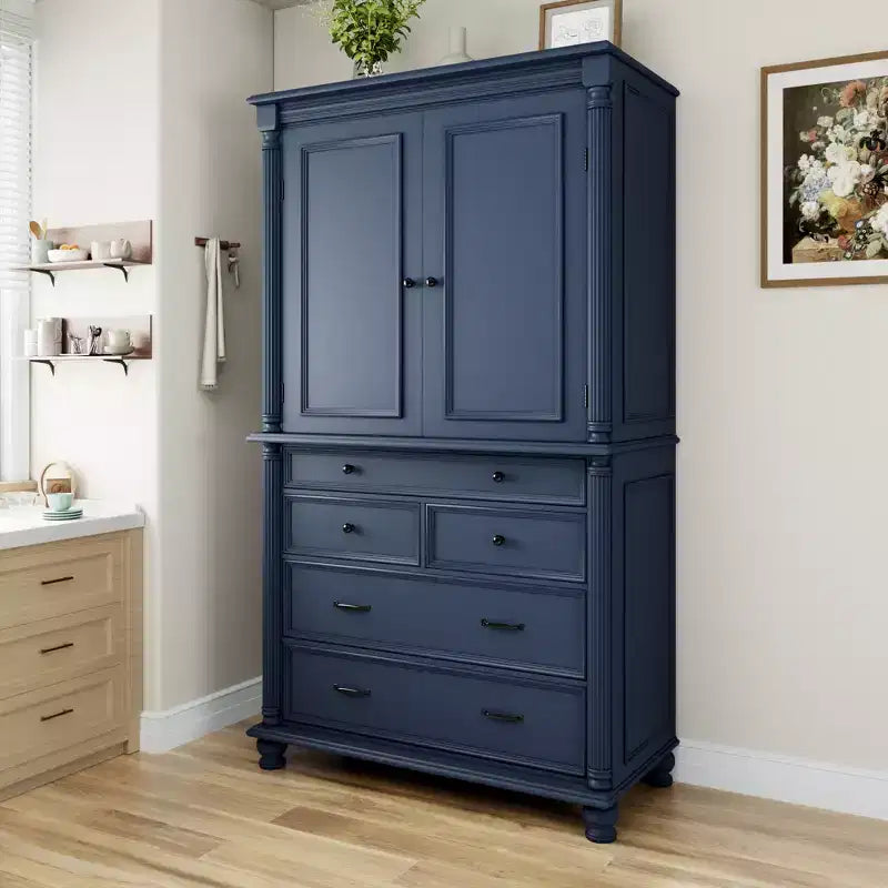 Farmhouse Kitchen Pantry Cabinet with Hutch, Tall Kitchen Storage Cabinet with 6 Door Shelves and Drawers, Freestanding Cupboard with Shelf