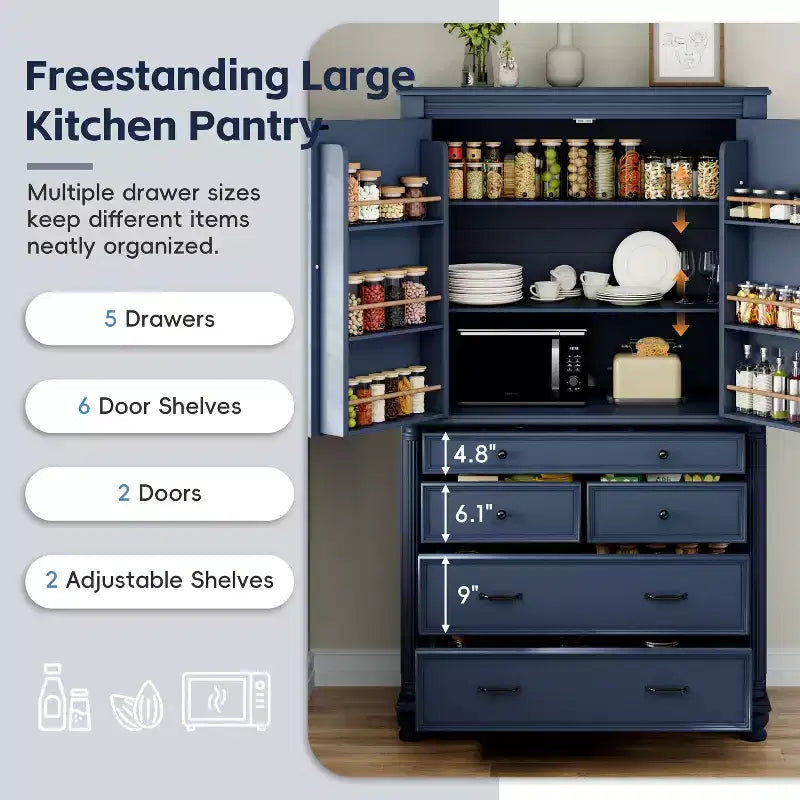 Farmhouse Kitchen Pantry Cabinet with Hutch, Tall Kitchen Storage Cabinet with 6 Door Shelves and Drawers, Freestanding Cupboard with Shelf