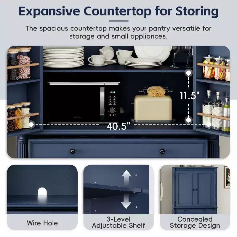 Farmhouse Kitchen Pantry Cabinet with Hutch, Tall Kitchen Storage Cabinet with 6 Door Shelves and Drawers, Freestanding Cupboard with Shelf