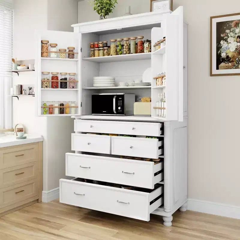 Farmhouse Kitchen Pantry Cabinet with Hutch, Tall Kitchen Storage Cabinet with 6 Door Shelves and Drawers, Freestanding Cupboard with Shelf