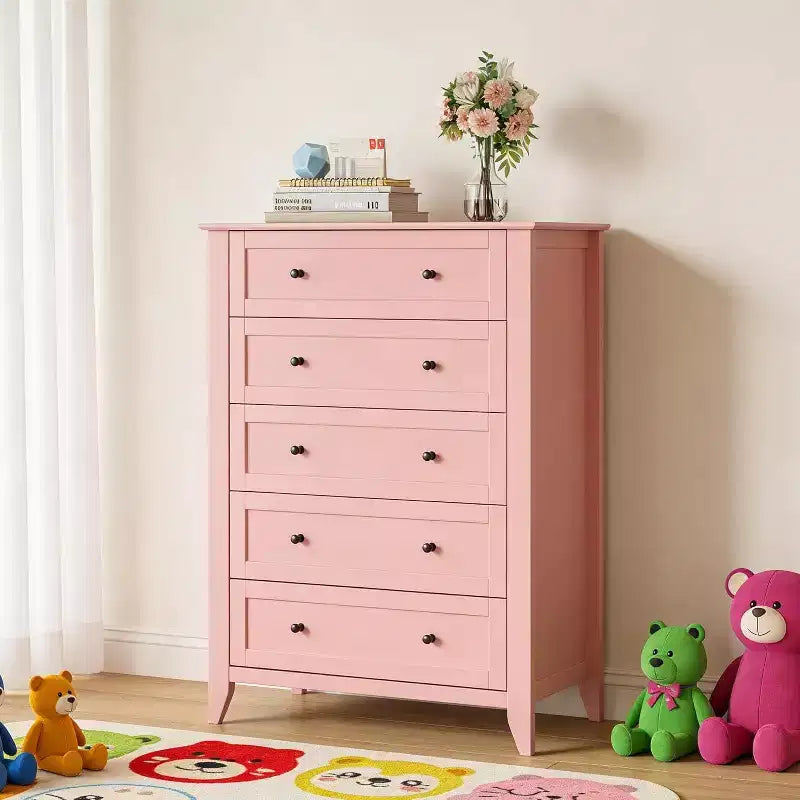 GustoWave Modern Tall 5 Drawer Dresser with Deep Drawers for Bedroom, Entryway, Hallway, Pink