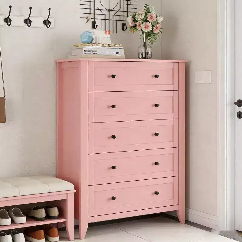 GustoWave Modern Tall 5 Drawer Dresser with Deep Drawers for Bedroom, Entryway, Hallway, Pink