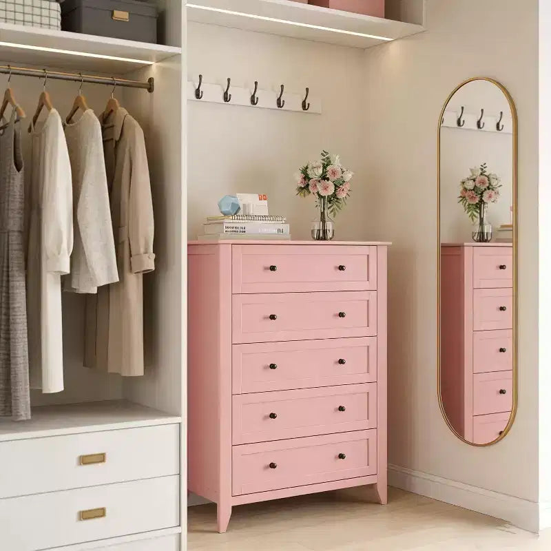 GustoWave Modern Tall 5 Drawer Dresser with Deep Drawers for Bedroom, Entryway, Hallway, Pink