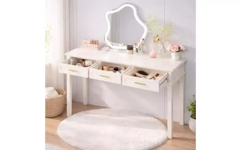 Cream White Vanity Desk with 3 Drawers, Modern Makeup Table or Writing Desk for Bedroom