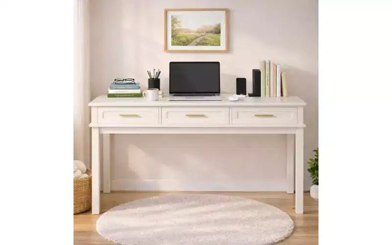 Cream White Vanity Desk with 3 Drawers, Modern Makeup Table or Writing Desk for Bedroom