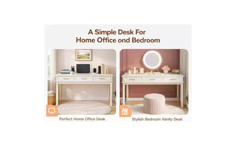 Cream White Vanity Desk with 3 Drawers, Modern Makeup Table or Writing Desk for Bedroom