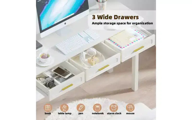 Cream White Vanity Desk with 3 Drawers, Modern Makeup Table or Writing Desk for Bedroom