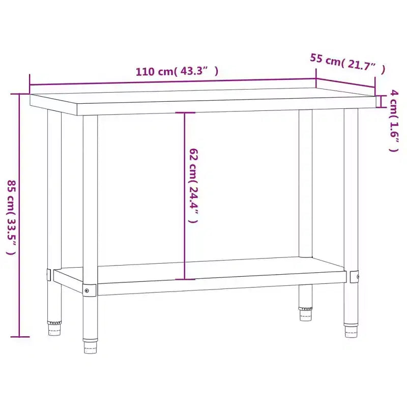 vidaXL Kitchen Work Table with Wheels 43.3x21.7x33.5 Stainless Steel