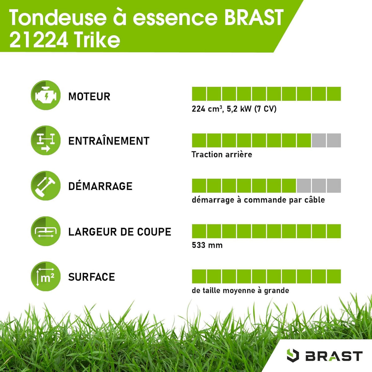 BRAST tondeuse thermique 3 roues TRIKE E-START 224cc 53cm tractée démarrage électrique mulching 4en1 capot en t?le en acier 60l - moteur 4 temps de la marque fran?aise GT reglable