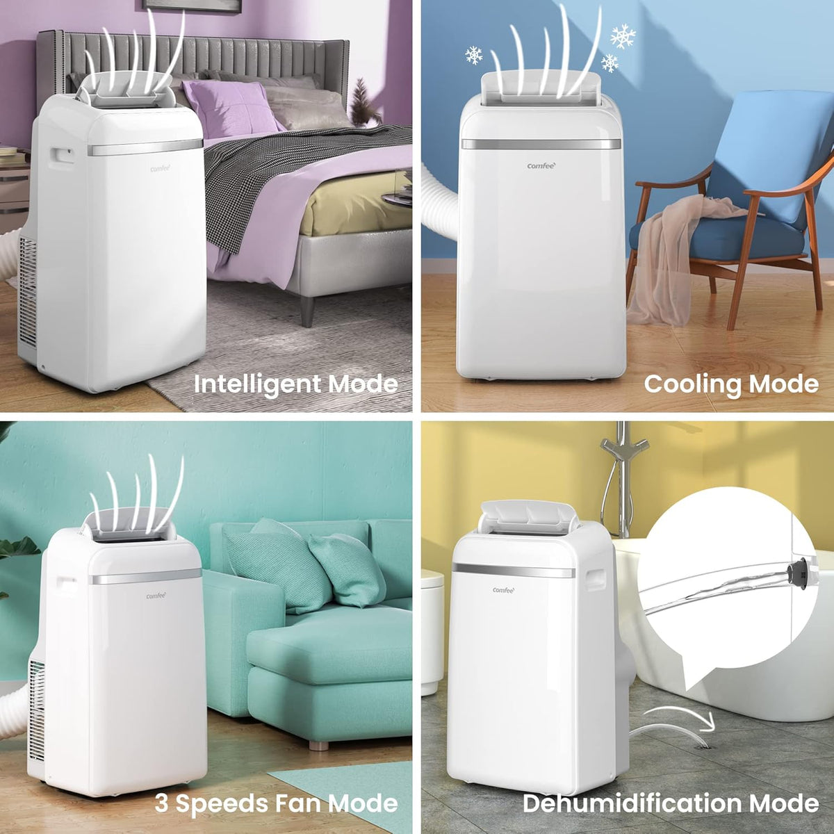 COMFEE' Climatiseur Mobile 9000 BTU/h 2,6kW, 3-EN-1 Refroidisseur Déshumidificateur Ventilateur, Fonction Follow me, Minuterie, Mode nuit, Pour salon et maison de 33©O/88m3, MPPH-09CRN7, R290
