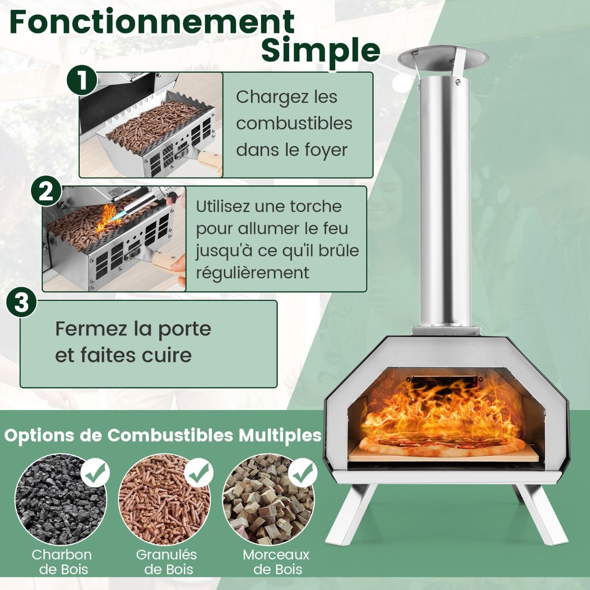 Four à Pizza Extérieur en Acier Inoxydable avec Pierre à Pizza de 30,5cm Four à Bois pour Pizza avec Pelle Pare-feu Pieds Pliables