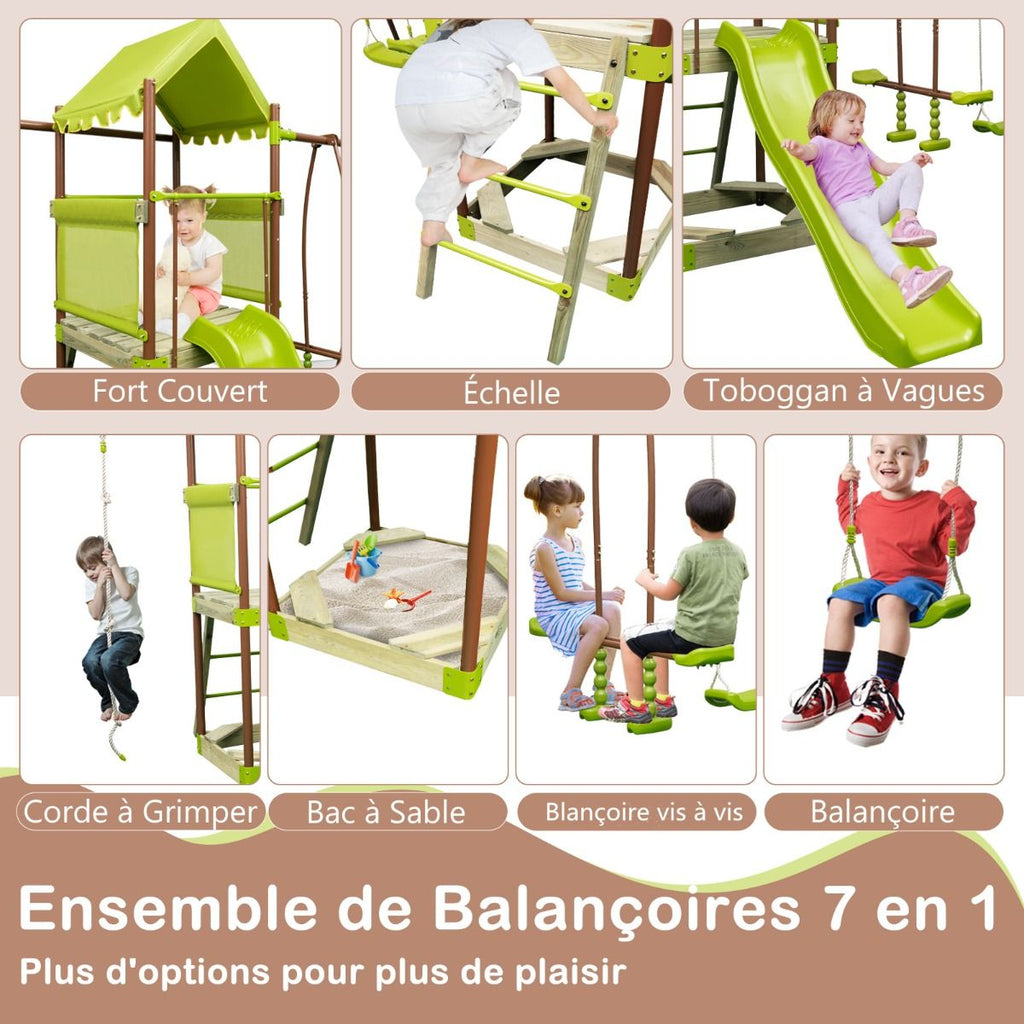 Balan?oire 7-en-1 Aire de Jeu en Métal avec Fort Couvert Réglable en Hauteur Corde d'Escalade Bac à Sable Glisseur Toboggan Ondulé Vert