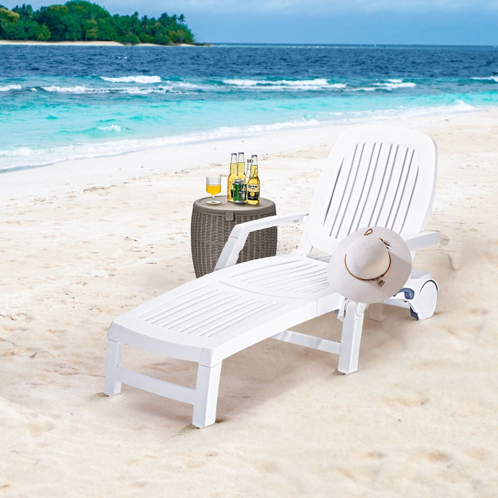 Chaise Longue Inclinable Réglable à 5 Positions avec Roues Flexibles Fauteuil Relax de Camping avec Bo?te de Rangement Charge 150KG Blanc